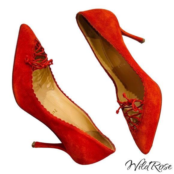 CHRISTIAN LOUBOUTIN “SCALOPUMP” 85 RED SUEDE SCALLOP TRIM LACE UP TIE HEELS 37.5 - Picture 8 of 17